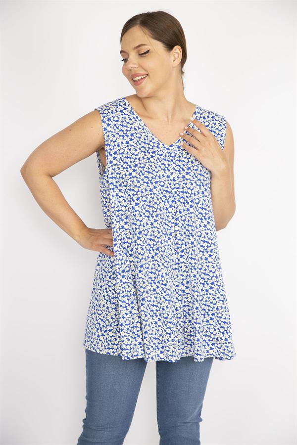 Kadın Mavi Büyük Beden V Yakalı Önü A Pile Çiçek Desenli Bluz