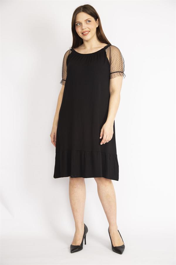 Kadın Kırmızı Büyük Beden Kolları Tül Yakası Lastik Detaylı Etek Ucu Katlı Elbise