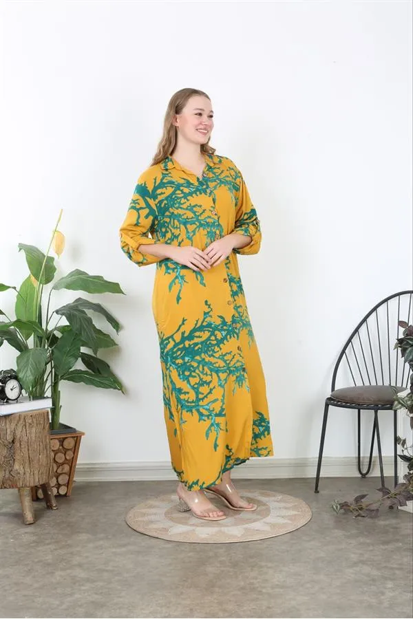 Kadın Büyük Beden Mavi Ön Boy Düğmeli Gömlek Yakalı Uzun Elbise 65N37875