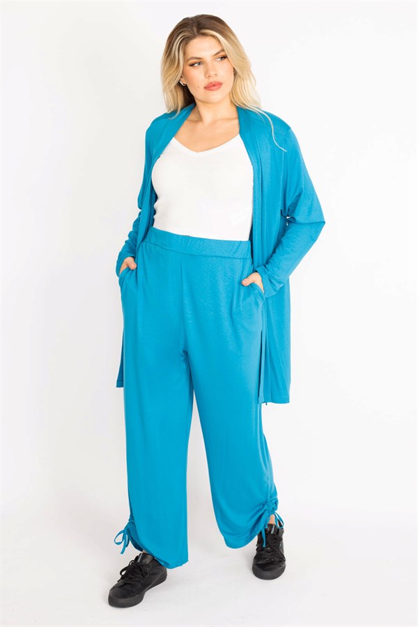 Kadın Mavi Yan Bağcık Detaylı Hırka Pantolon Takım 65N34906