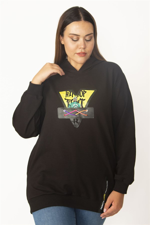 Women's Black Digital Print and Hooded Detailed Side Pocket Sweatshirt 65N30090