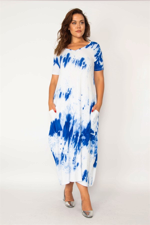 Kadın Saks Batik Desen V Yaka Cepli Elbise 65N33979