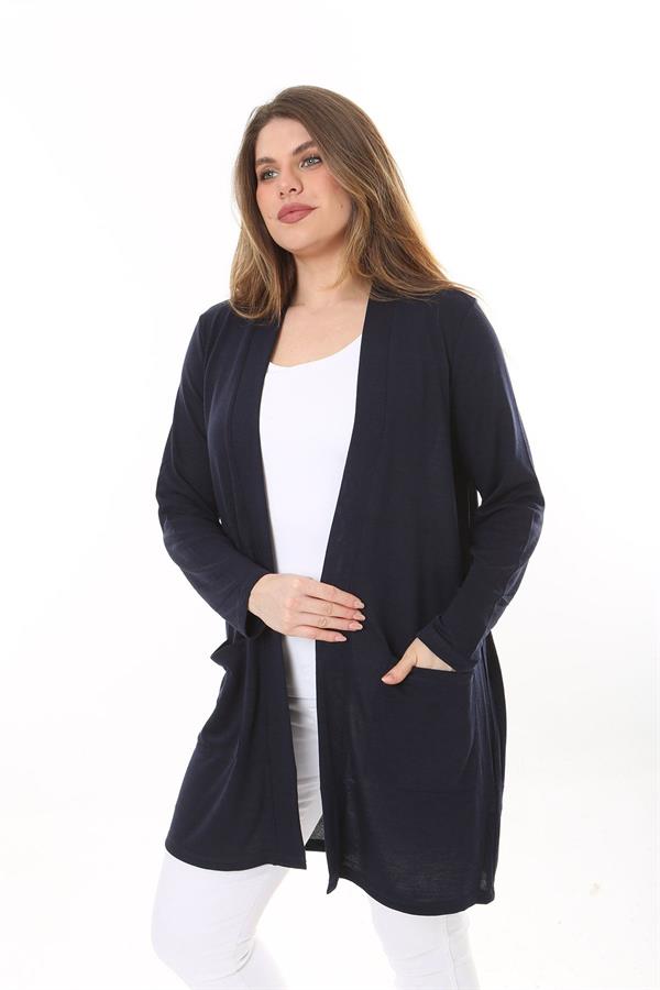 Kadın Büyük Beden Lacivert Ön Cepli Hırka 65N37600