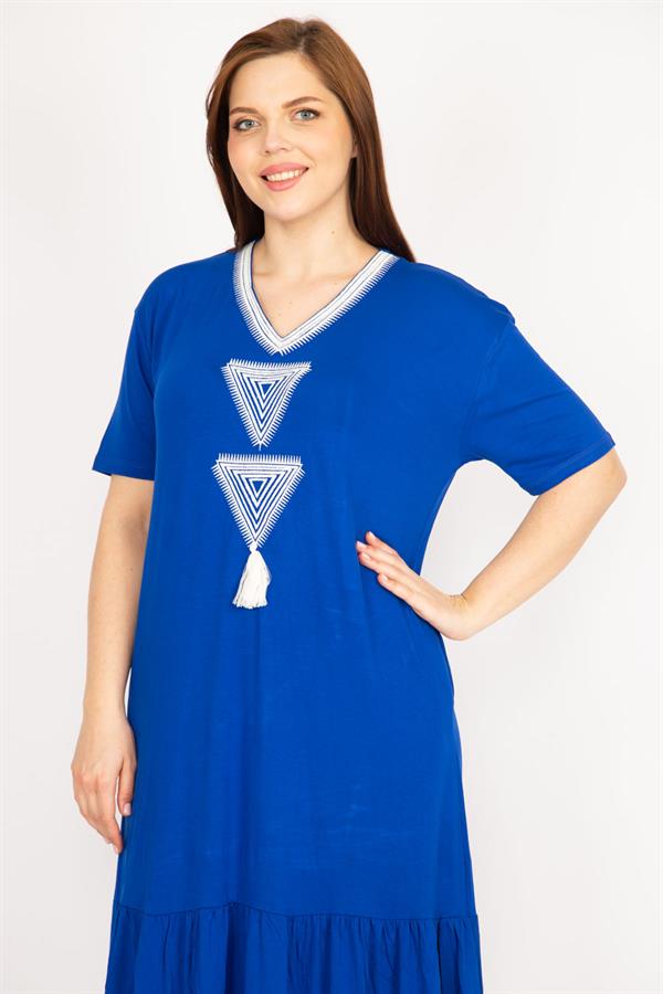 Kadın Saks Büyük Beden Nakış Detaylı V Yaka Yan Cepli Elbise