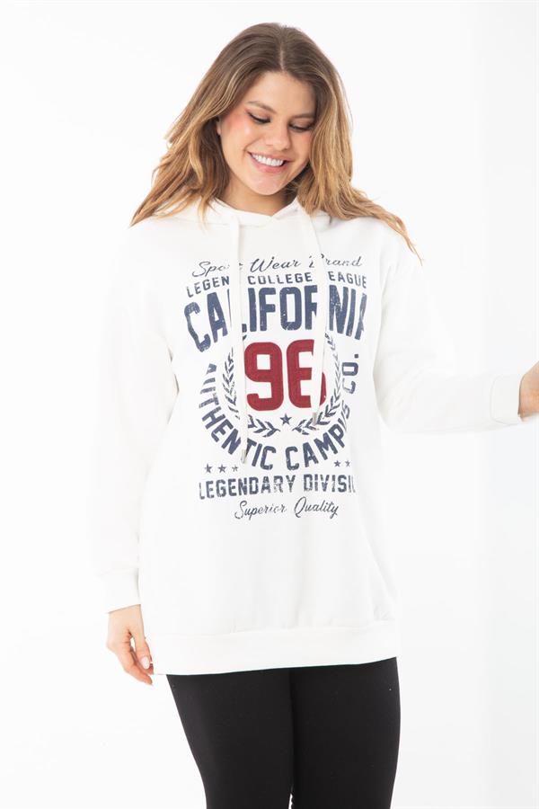 Kadın Büyük Beden Kemik İçi Şardonlu Üç İplik Kapşonlu Sweatshirt 65N37294