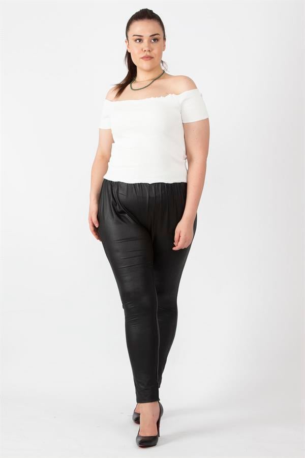 Women's Black Leather Look Elastic Waist Leggings Trousers 65N16748