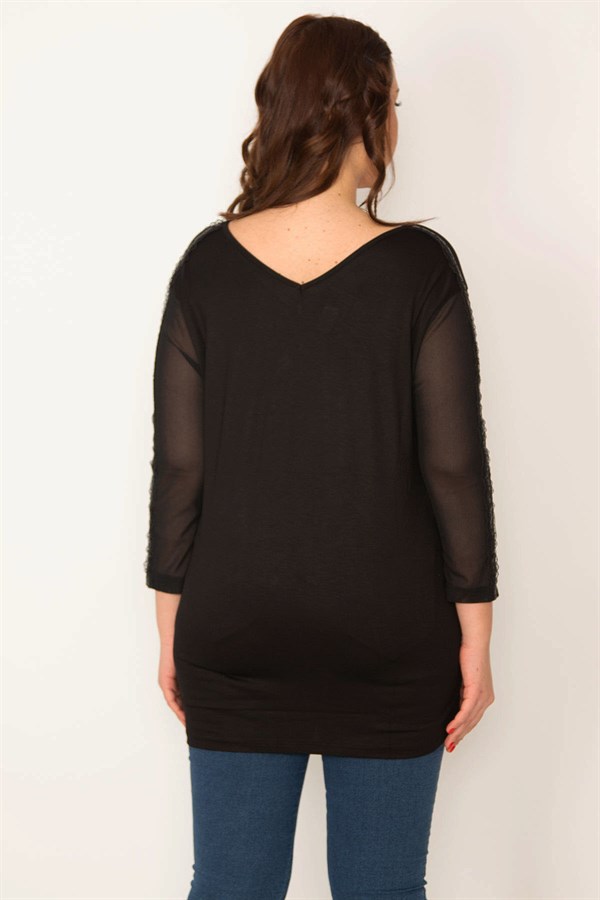 KADIN SİYAH KOLLARI TÜL VE PAYET DETAYLI V YAKALI BLUZ