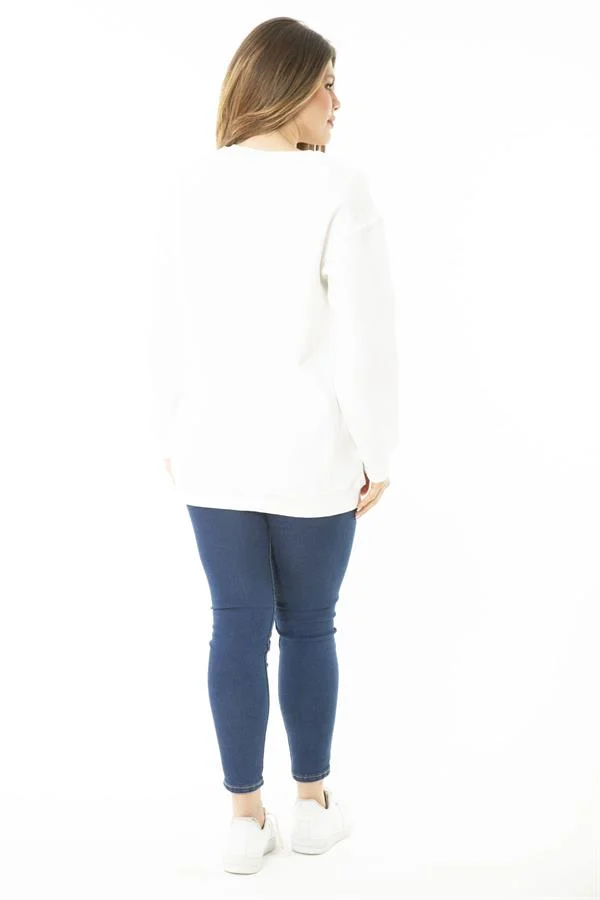 Kadın Büyük Beden Kemik İçi Şardonlu İki İplik Ön Baskılı Sweatshirt 65N37158