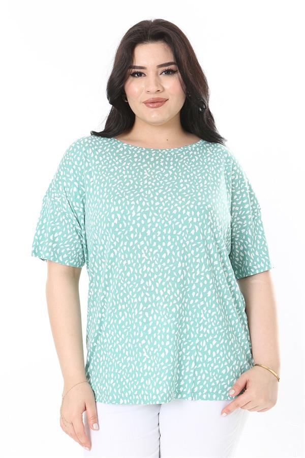 Kadın Büyük Beden Yeşil Bisiklet Yakalı Kısa Kollu Likralı Viskon Bluz 65N38000
