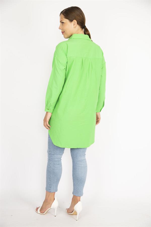Kadın Büyük Beden Yeşil Ön Düğmeli Uzun Kollu Gömlek 65N37038