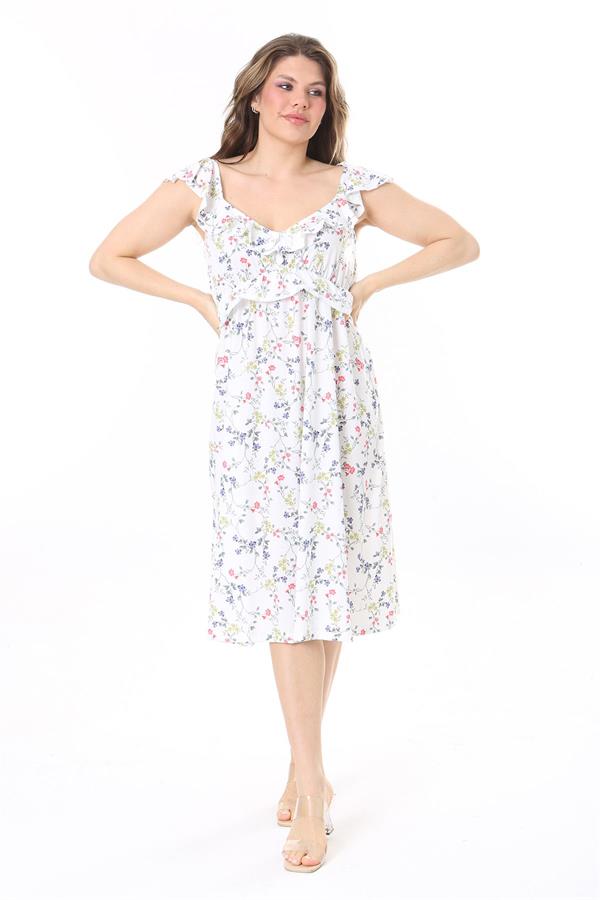 Kadın Büyük Beden Kemik Kol Ve Beli Volan Detaylı Elbise 65N37982