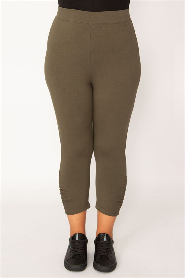 Kadın Haki Pamuklu Kumaş Paçası Büzgü Detaylı Tayt Kapri  65N34125