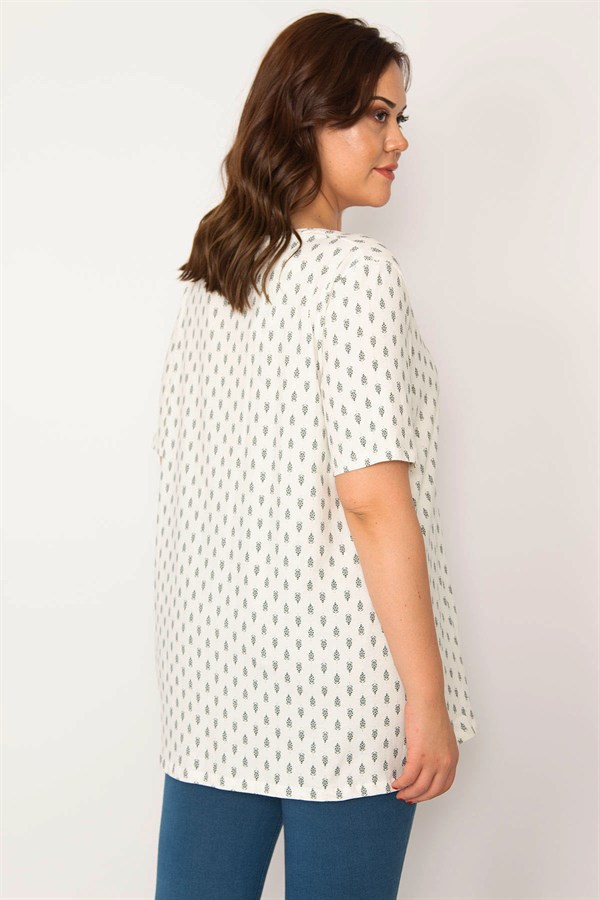 Kadın Kemik Pamuklu Kumaş V Yakalı Desenli Bluz 65N33540
