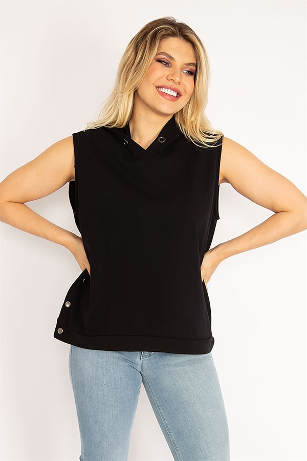 Kadın Lacivert Yanı Çıtçıt Yırtmaçlı Kapşonlu Kolsuz Sweatshirt 65N34829