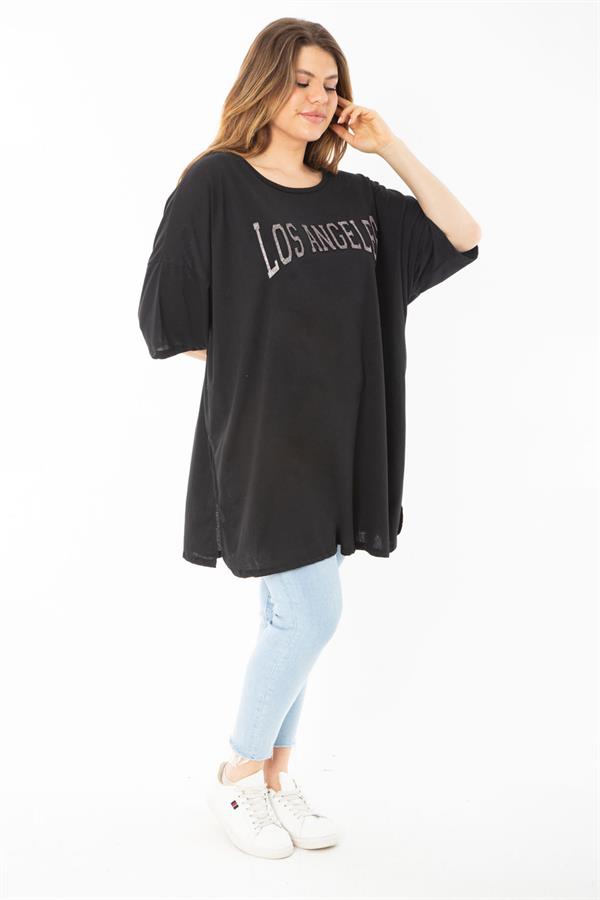 Kadın Büyük Beden Siyah Sim Detaylı Yan Yırtmaçlı Bluz 65N37452