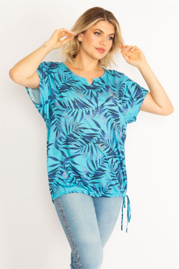 Kadın Mavi Taş Detaylı Etek Ucu Tünel Bağcıklı Bluz 65N34629