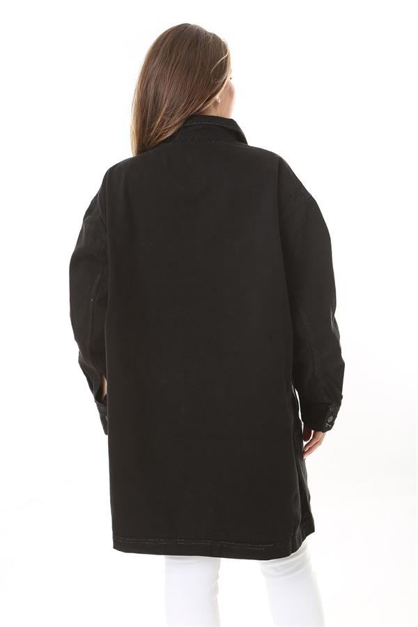 Kadın Büyük Beden Siyah 4 Cepli Rahat Kesim Uzun Kot Mont 65N37893