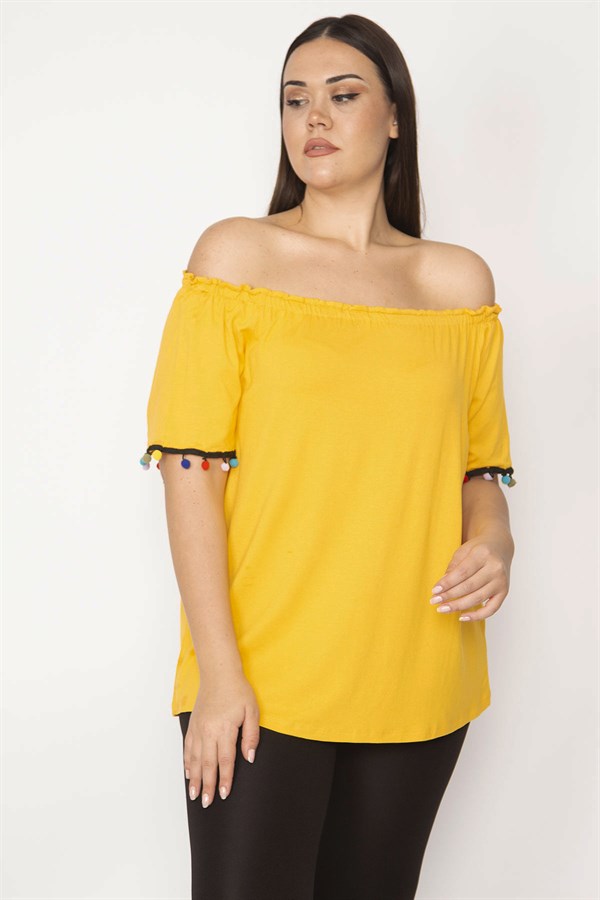 Kadın Hardal Yakası Lastikli Kolları Ponpon Detaylı Bluz 65N29509
