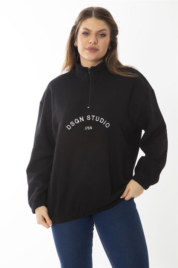 Kadın Büyük Beden Siyah İçi Şardonlu Ön Patı Fermuar Ve Nakış Detaylı Sweatshirt 65N37017