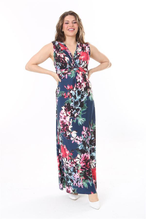 Kadın Büyük Beden Renkli Göğüs Büzgü Detaylı Kuşaklı Elbise 65N37966