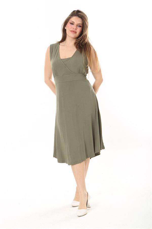 Kadın Haki Anvelop Yakalı Arka Bel Lastikli Kolsuz Likralı Viskon Elbise 65N37872