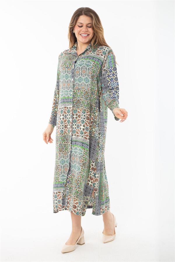 Kadın Büyük Beden Renkli Dokuma Viskon Kumaş Ön Düğmeli Elbise 65N37351