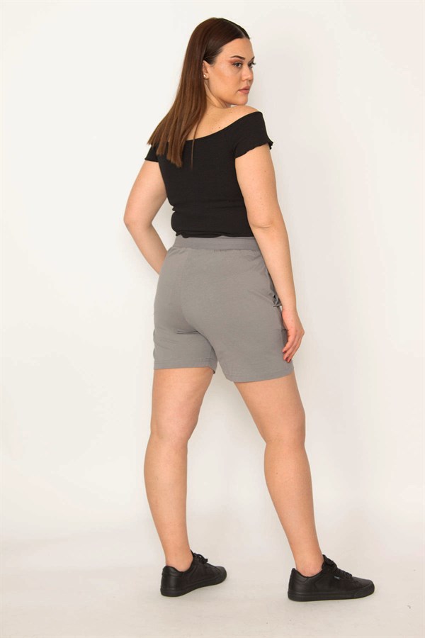 Kadın Gri Pamuklu Kumaş Beli Lastik Ve Kuşgözü Bağcıklı Yan Cepli Şort 65N32349