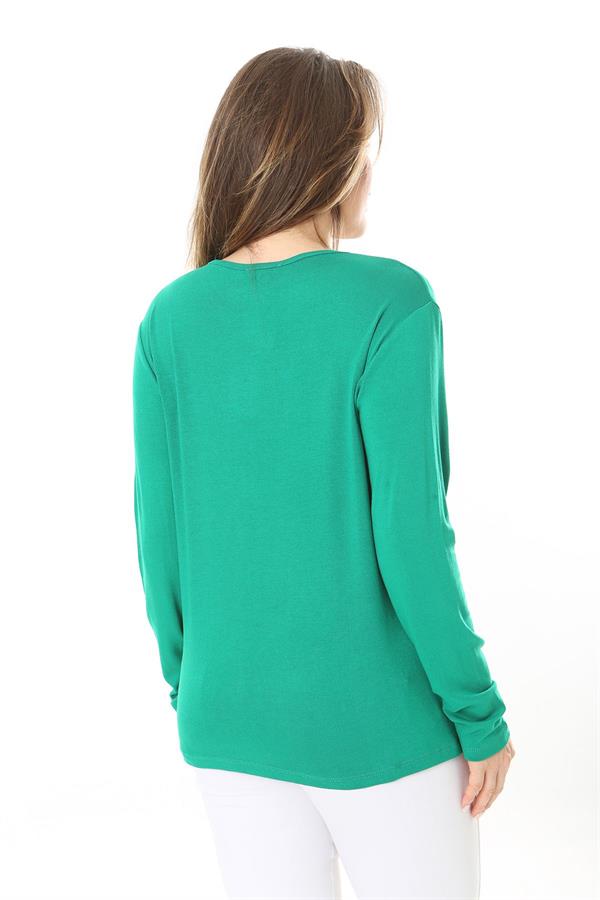 Kadın Büyük Beden Saks V Yakalı Taş Detaylı Uzun Kollu Bluz 65N37153