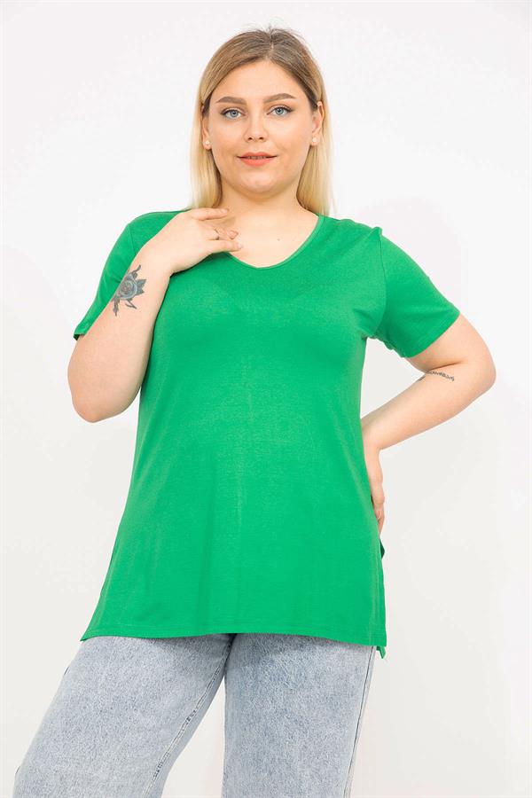 Kadın Yeşil Büyük Beden V Yakalı Viskon Bluz 65N35800