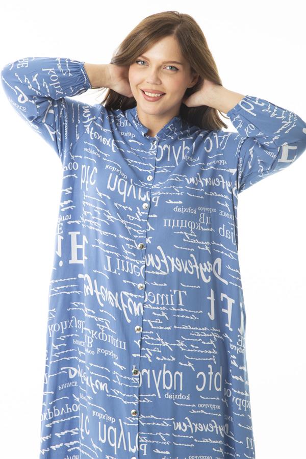 Kadın Büyük Beden Mavi Dokuma Viskon Kumaş Ön Boy Düğmeli Uzun Kollu Elbise 65N36872