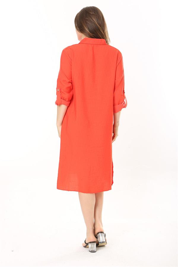 Kadın Büyük Beden Nar Ön Pat Düğmeli Süs Göğüs Cepli Kol Boyu Ayarlı Elbise 65N37871