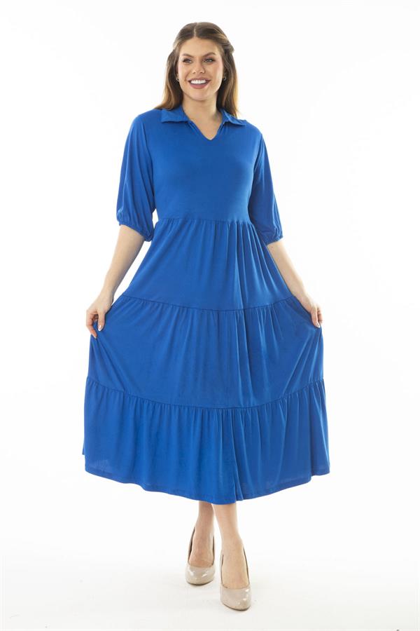 Kadın Büyük Beden Saks Yakalı Kol Ağzı Lastik Detaylı Katlı Uzun Elbise 65N37071