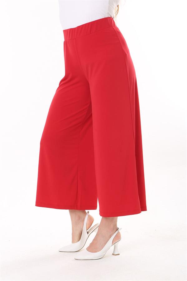Kadın Büyük Beden Kırmızı Geniş Paçalı Beli Lastikli Likralı Sandy Kumaş Pantolon 65N37443
