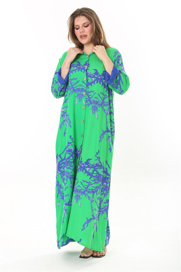 Kadın Büyük Beden Mavi Ön Boy Düğmeli Gömlek Yakalı Uzun Elbise 65N37875