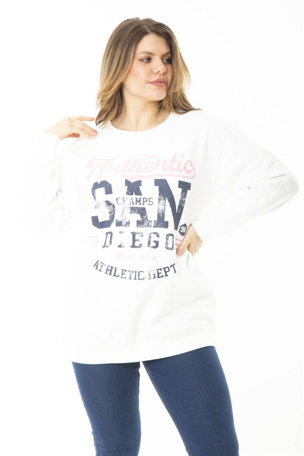 Kadın Büyük Beden Kemik İçi Şardonlu İki İplik Ön Baskılı Sweatshirt 65N37158
