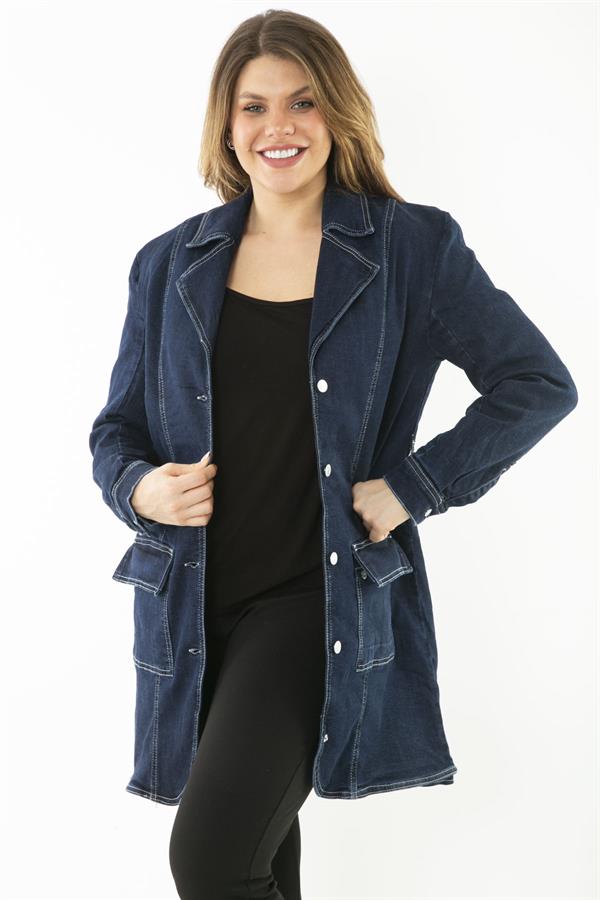 MANTEAU FEMME EN DENIM LYCRA BLEU MARINE AVEC BOUTON ET POCHE DEVANT
