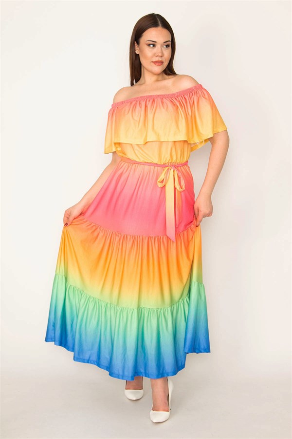 KADIN RENKLİ YAKASI LASTİK VE VOLAN DETAYLI KATLI ELBİSE