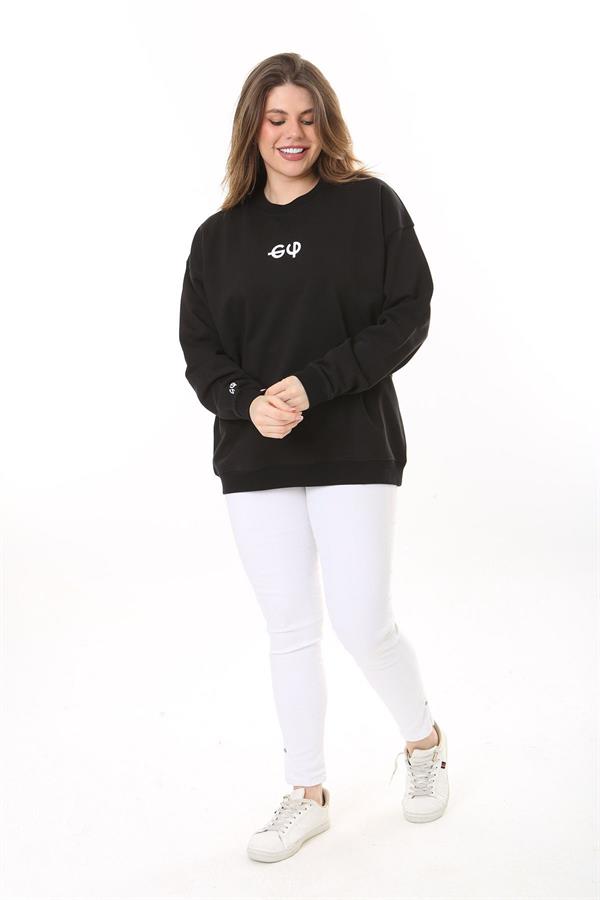 Kadın Büyük Beden Siyah Pamuk Kumaş Arka Baskılı Sweatshirt 65N37618