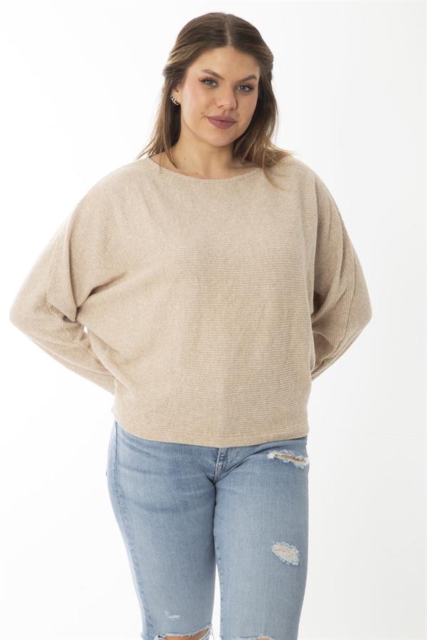 Kadın Büyük Beden Lila Yarasa Kol Kendinden Çizgili Yün Viskon Bluz 65N37007