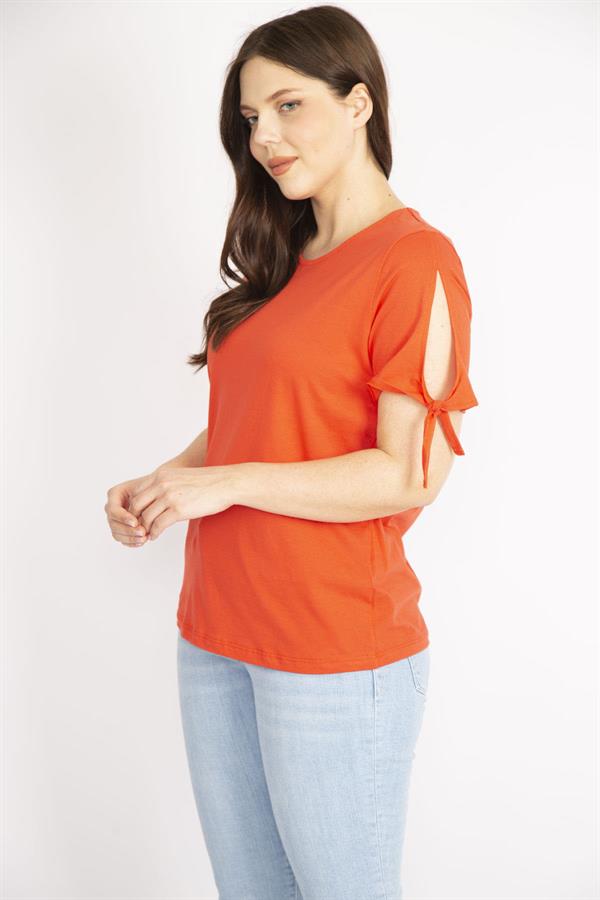 Kadın Nar Büyük Beden Pamuklu Kumaş Kol Bağcıklı Bluz