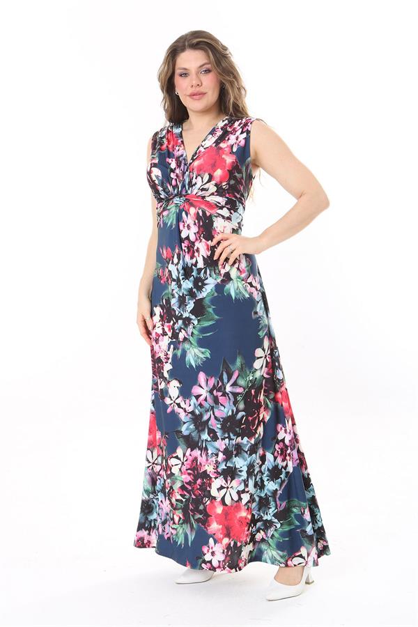 Kadın Büyük Beden Renkli Göğüs Büzgü Detaylı Kuşaklı Elbise 65N37966