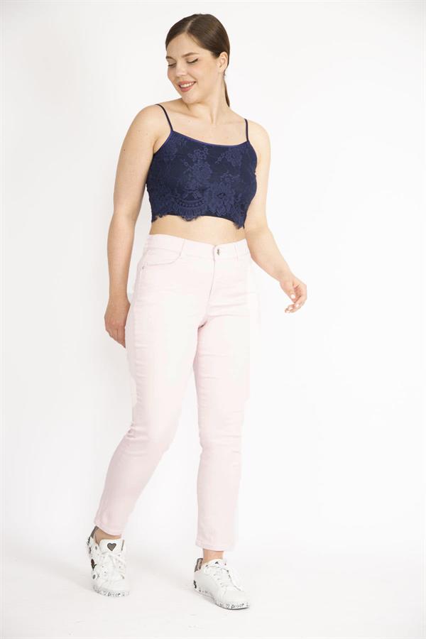 Kadın Pembe Büyük Beden 5 Cepli Likralı Gabardin Kumaş Pantolon