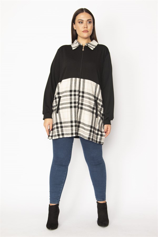 Kadın Bej Ekose Desen Detaylı Fermuarlı Cepli Mont 65N29569