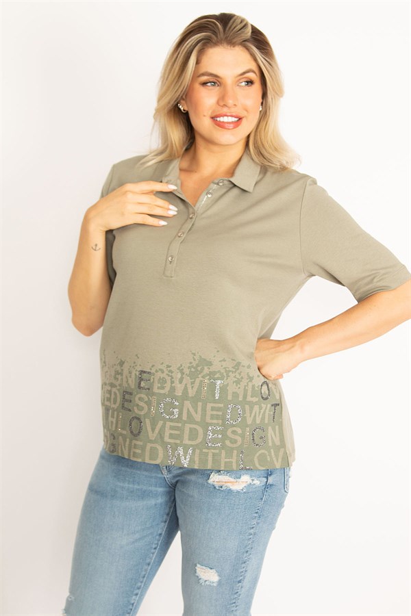 Kadın Haki Polo Yaka Pat Düğmeli Sim Ve Taş Detaylı Bluz 65N34521