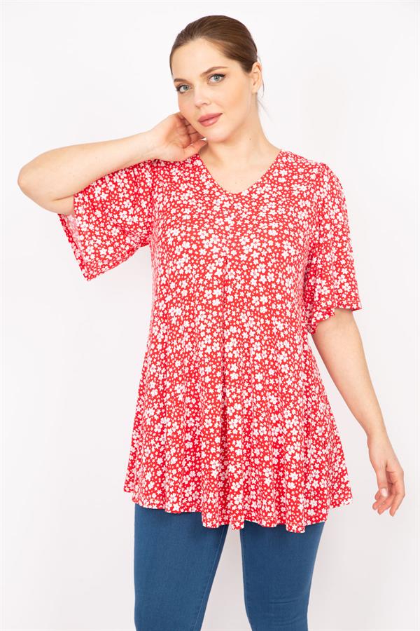 Kadın Kırmızı Büyük Beden Önü A Pileli V Yakalı Tunik