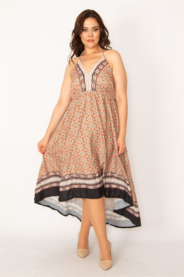 Kadın Renkli Boyundan Bağlamalı Arkası Uzun Elbise 65N33465