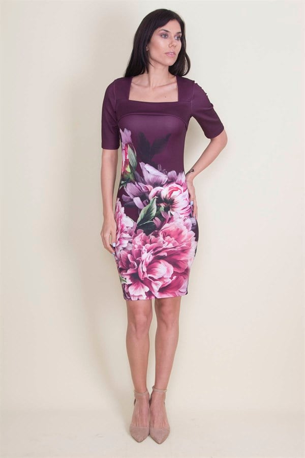 Robe à col prune et motif floral détaillé pour femme