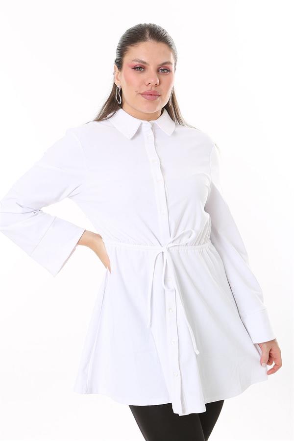 Kadın Büyük Beden Beyaz Ön Düğmeli Beli Tünel Bağcıklı Likralı Tunik Elbise 65N37700