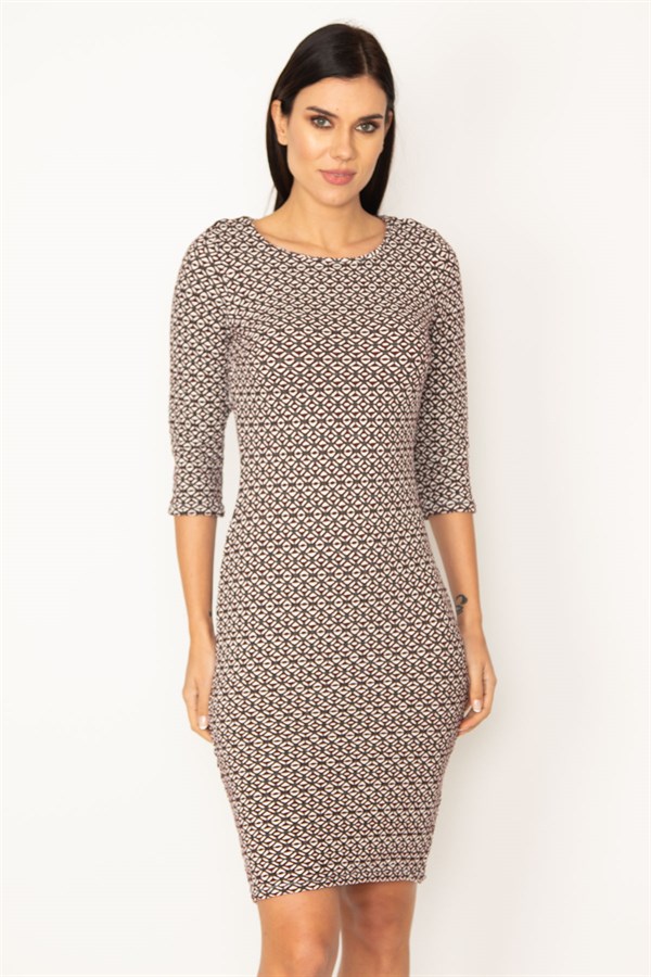 ROBE À MANCHES CABAS EN TISSU LYCRA JACQUARD MARRON POUR FEMME