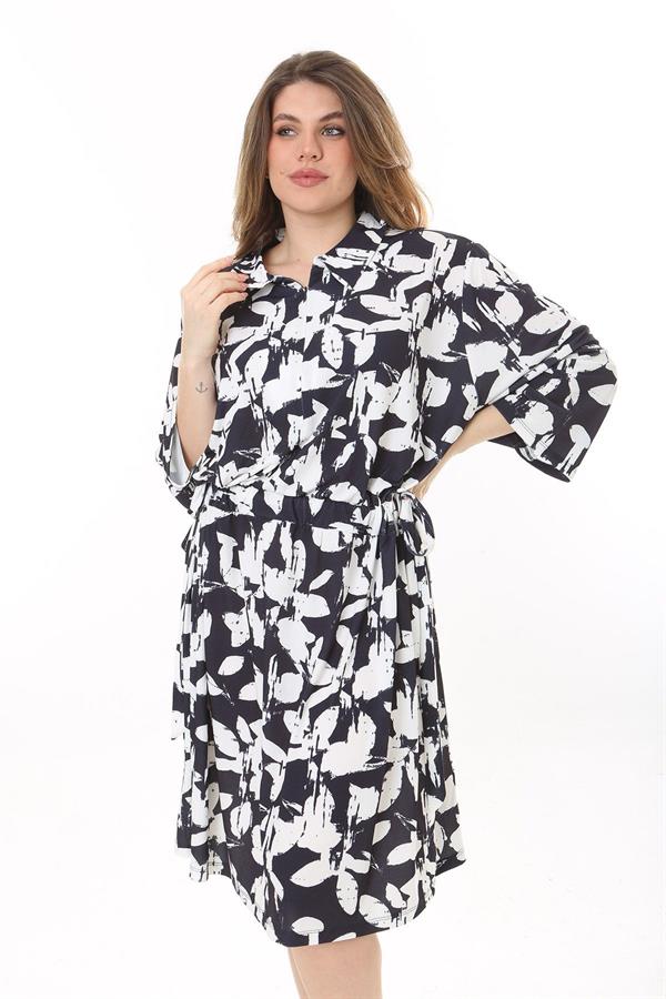 Kadın Büyük Beden Siyah Ön Pat Fermuarlı Beli Tünel Bağcıklı Kapri Kollu Elbise 65N37623